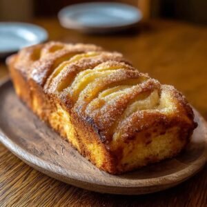 Gros plan d'un pain au cidre de pomme et cannelle, garni de sucre et de fines tranches de pomme.
