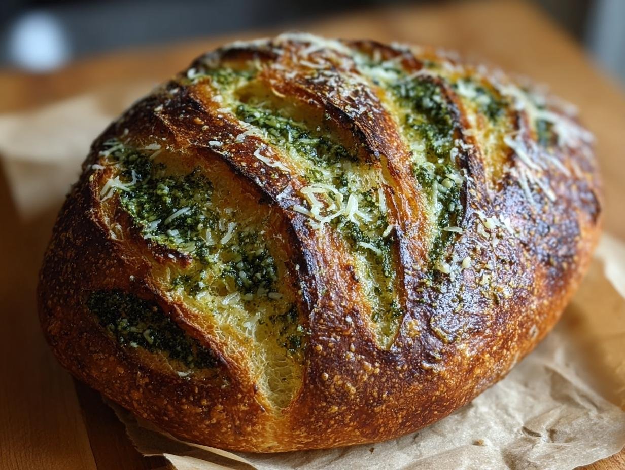 Gros plan sur un pain au levain pesto parmesan fraîchement cuit, avec une croûte dorée et des éclats de pesto et de parmesan.