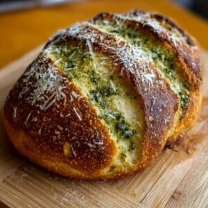 Gros plan d'un pain au levain pesto parmesan fait maison, avec une croûte dorée et du fromage râpé.