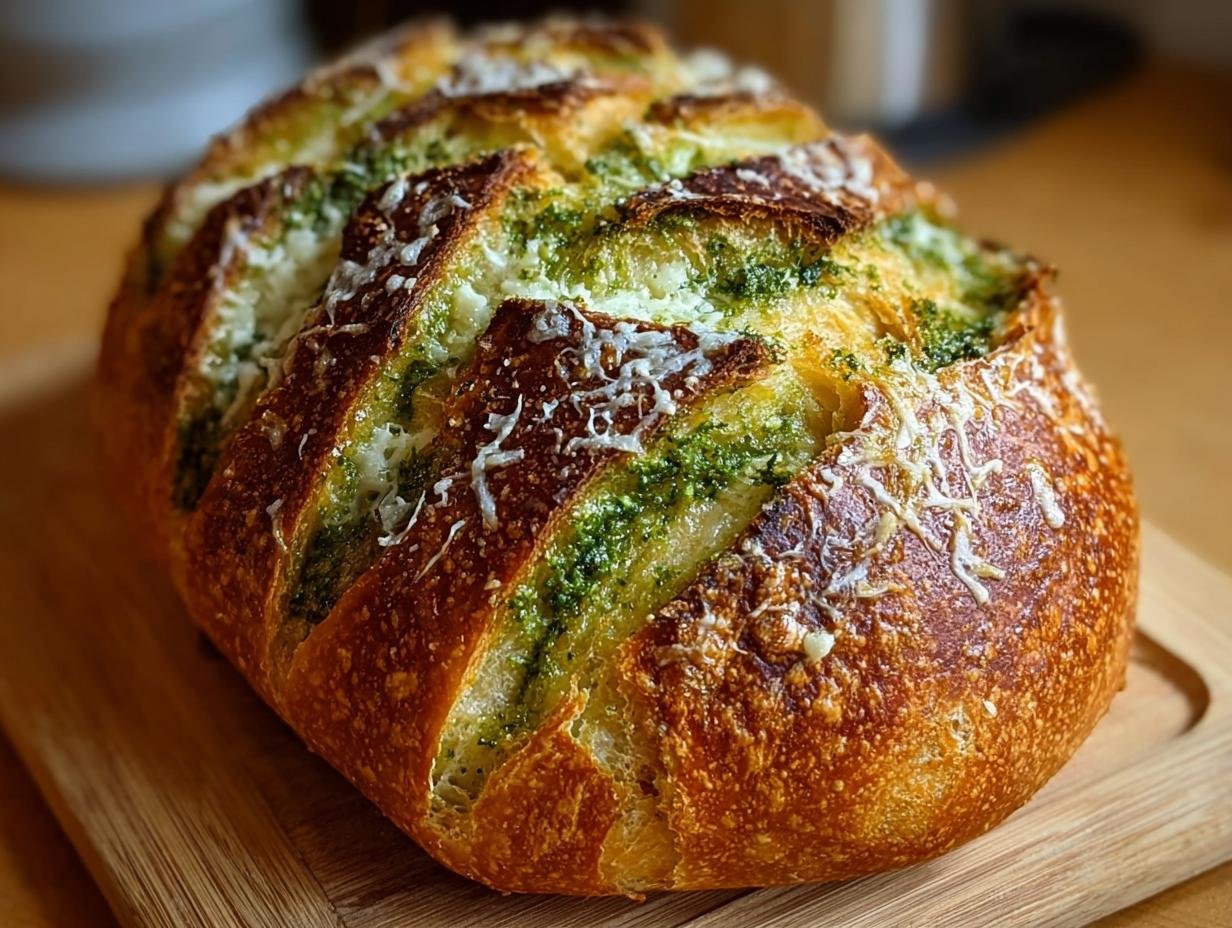 Gros plan d'un pain au levain pesto parmesan avec une croûte dorée et du fromage fondu.