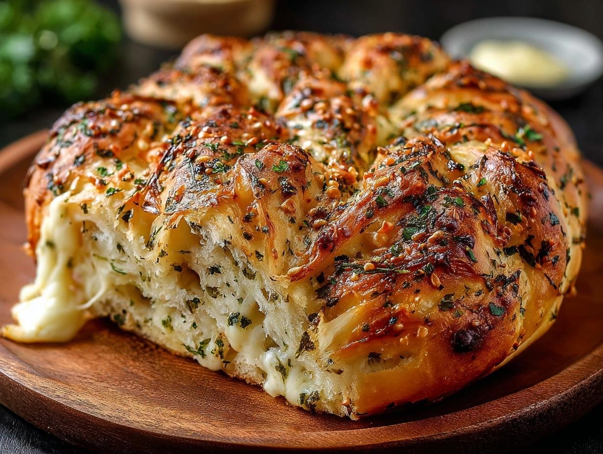 Pain aux Herbes Italiennes: 1 recette divine 2 Gros plan d'un pain aux herbes italiennes et fromage, avec du fromage fondu coulant.