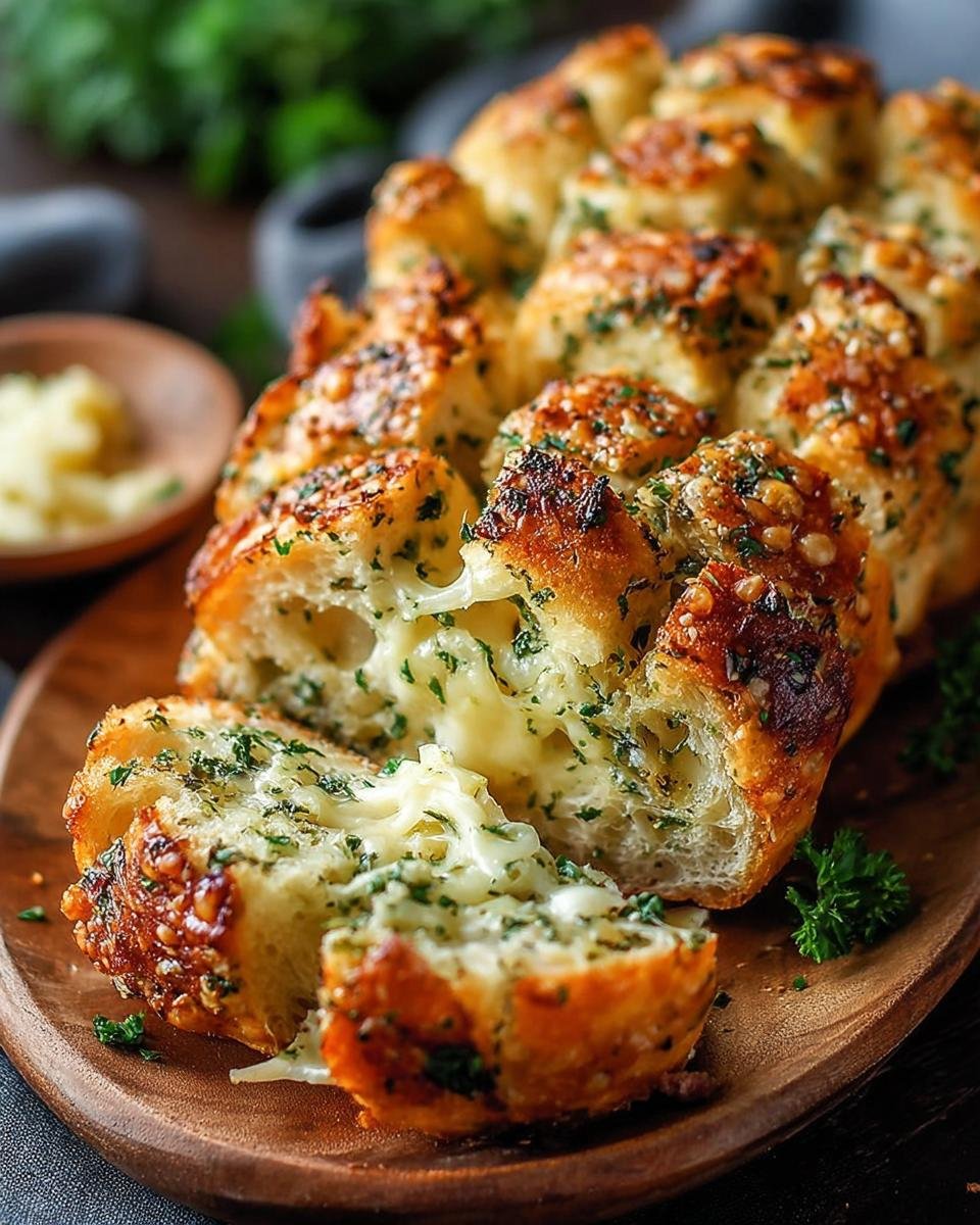 Pain aux Herbes Italiennes: 1 recette divine 1 Gros plan sur un pain aux herbes italiennes et fromage, avec le fromage fondu qui coule.
