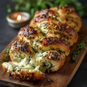 Gros plan d'un pain aux herbes italiennes et fromage, avec du fromage fondant qui coule.