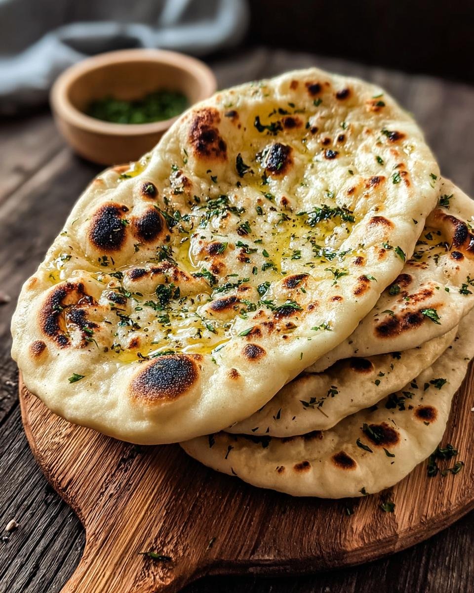 Pain Naan Levain Jeté : 1 miracle facile 4 Gros plan sur un empilement de pains Naan au Levain Jeté, brillants de beurre fondu et parsemés de persil frais.