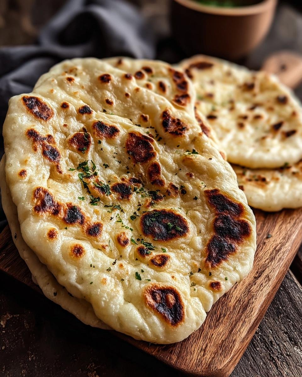 Pain Naan Levain Jeté : 1 miracle facile 2 Gros plan sur un pain naan au levain jeté, doré et légèrement brûlé, garni de persil frais.