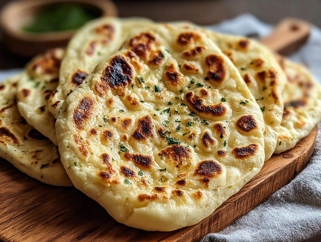 Pain Naan Levain Jeté : 1 miracle facile 1 Gros plan sur du pain naan au levain jeté, doré et légèrement grillé, parsemé d'herbes fraîches.
