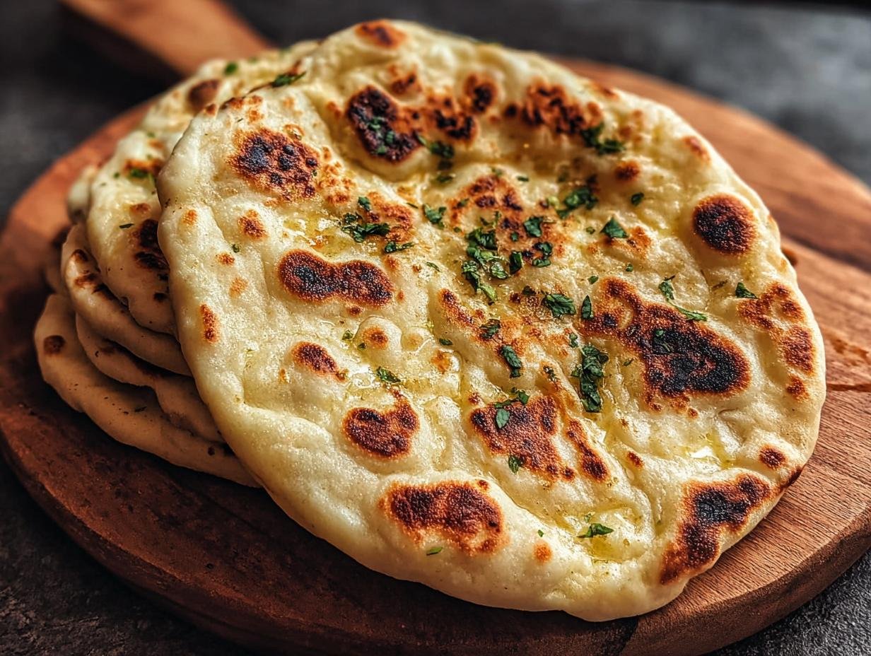 Pain Naan Levain Jeté : 1 miracle facile 3 Gros plan d'un pain naan au levain jeté, garni de persil frais et de beurre fondu.