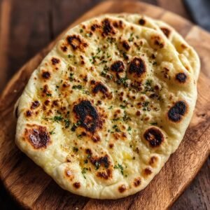 Gros plan d'un pain naan au levain jeté, doré avec des taches de cuisson et garni d'herbes fraîches.
