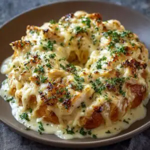 Gros plan du Pain Singe au Poulet Alfredo, recouvert de fromage fondu et de persil frais.