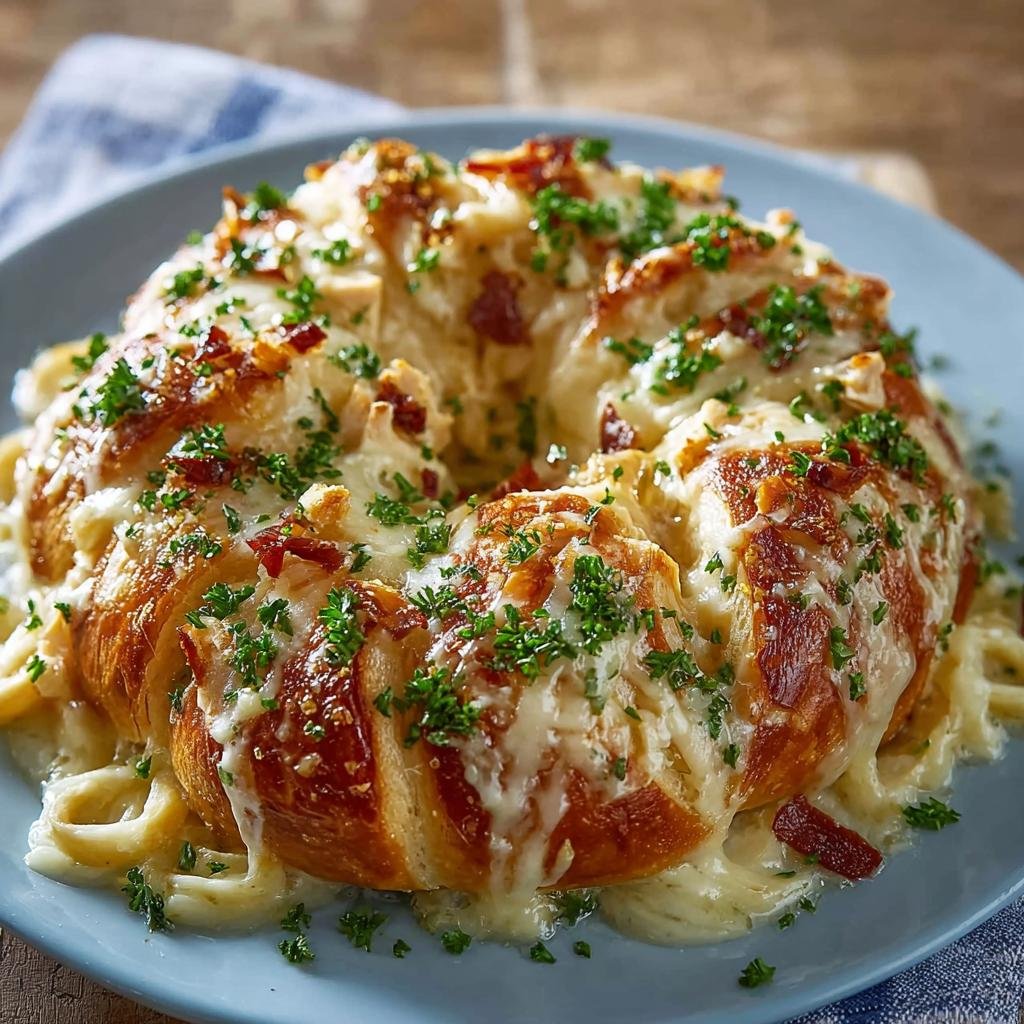 Gros plan d'un Pain Singe au Poulet Alfredo, garni de fromage fondu, de bacon croustillant et de persil frais.