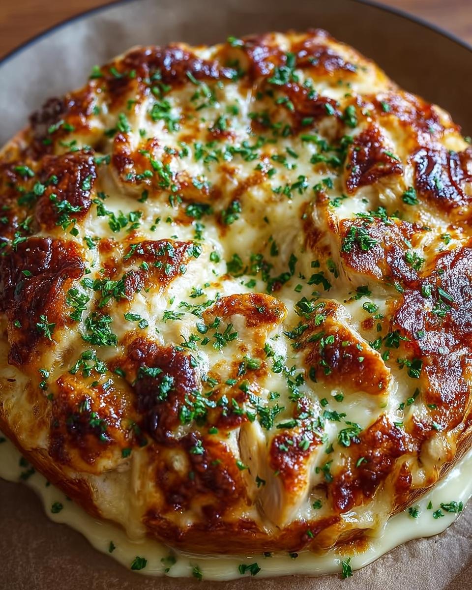 Gros plan d'un Pain Singe au Poulet Alfredo gratiné, garni de persil frais.