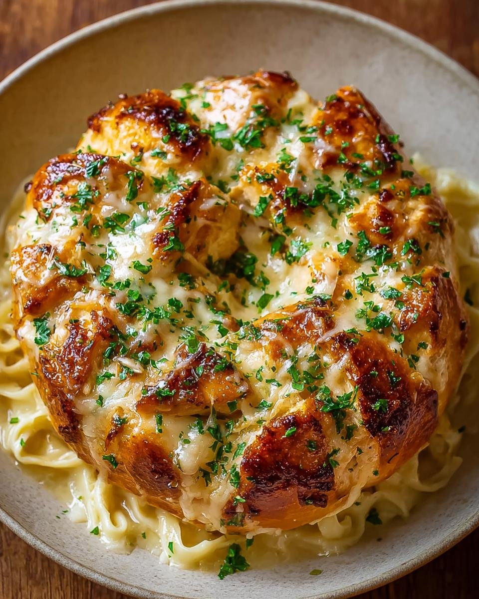 Gros plan sur un Pain Singe au Poulet Alfredo, doré et gratiné, servi sur des pâtes crémeuses.