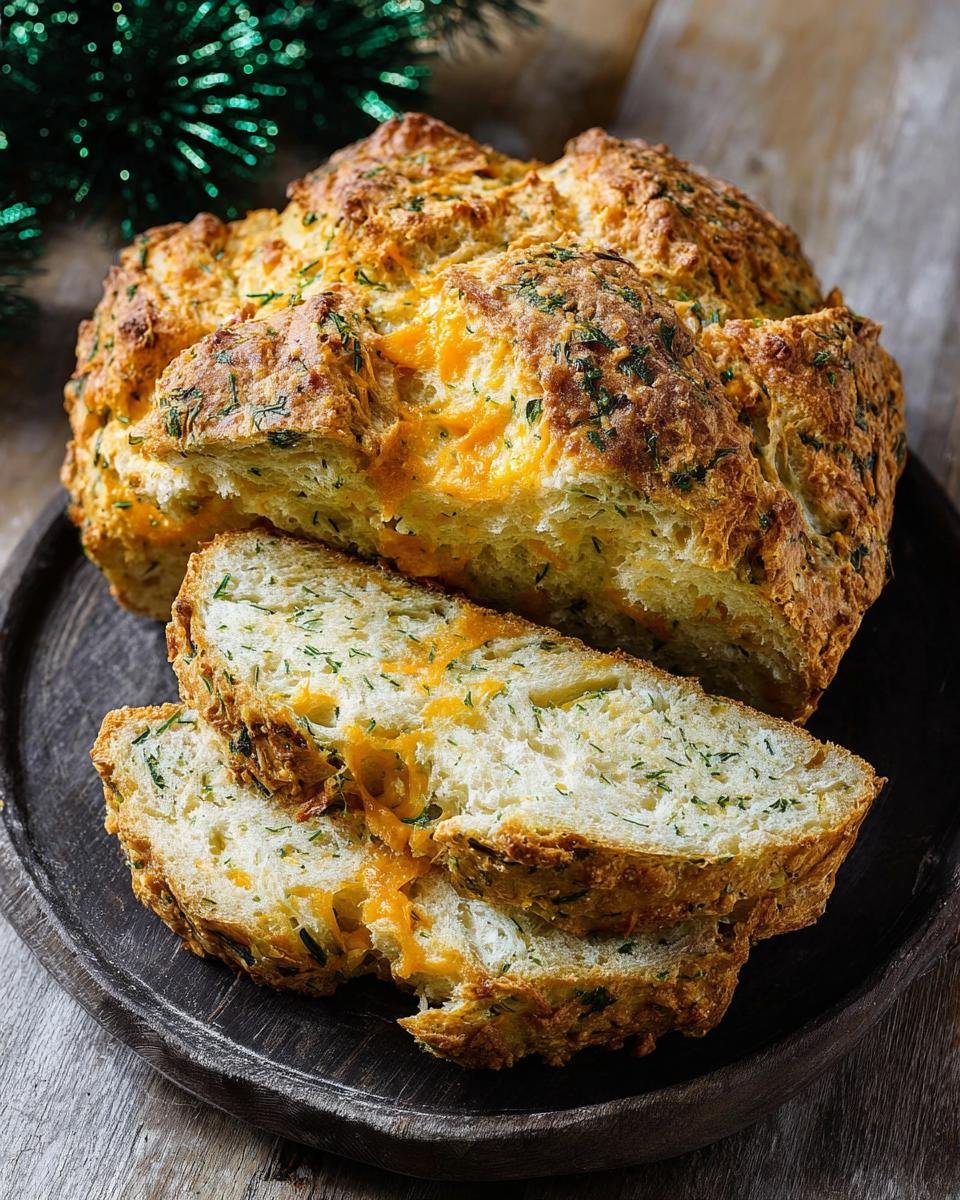 Gros plan sur un pain soda au cheddar et herbes coupé, révélant la mie moelleuse et le fromage fondu.