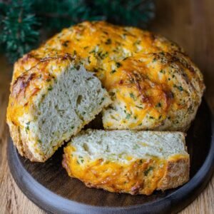 Gros plan d'un pain soda au cheddar et herbes coupé, révélant une mie moelleuse et du fromage fondu.