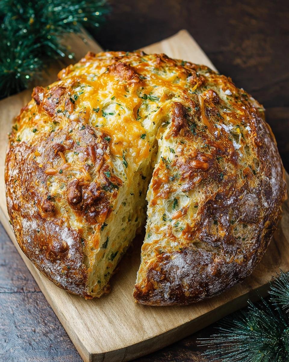 Gros plan d'un pain soda au cheddar et herbes, coupé en deux, montrant sa mie aérée et sa croûte dorée.