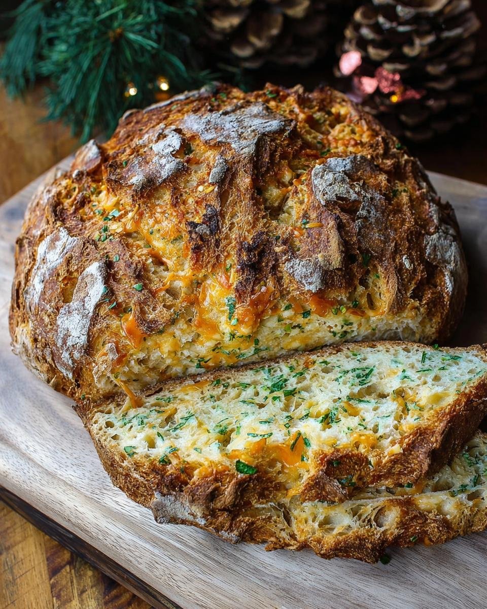Gros plan d'un pain soda au cheddar et herbes tranché, montrant le fromage fondu et les herbes fraîches.