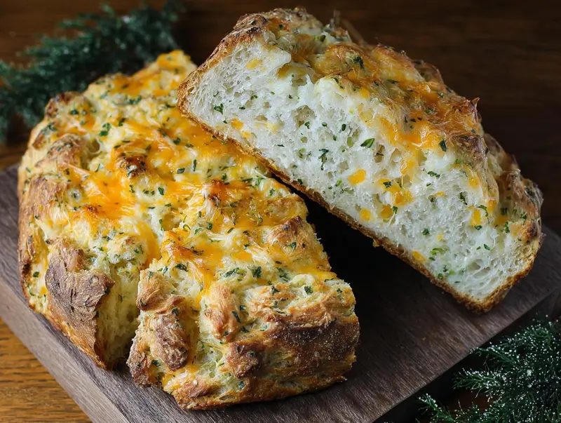Gros plan d'une tranche de Pain Soda au Cheddar et Herbes, avec du fromage fondu et des herbes visibles dans la mie aérée.