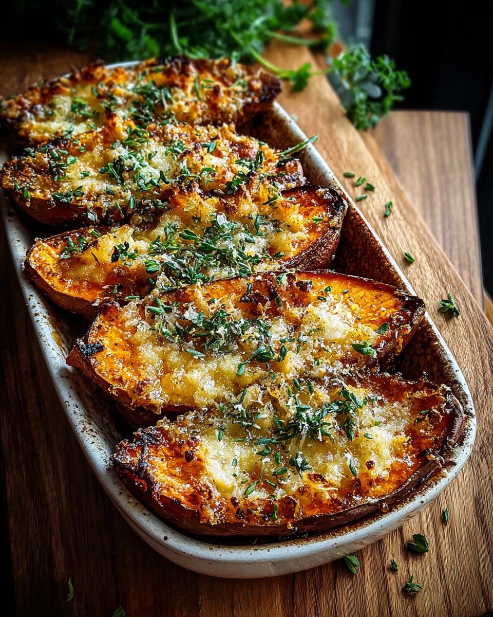 Quartiers de patates douces à l'ail et parmesan, gratinés et garnis d'herbes fraîches.
