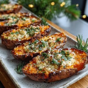 Gros plan de patates douces à l'ail et parmesan coupées en deux, garnies de chapelure et de persil frais.