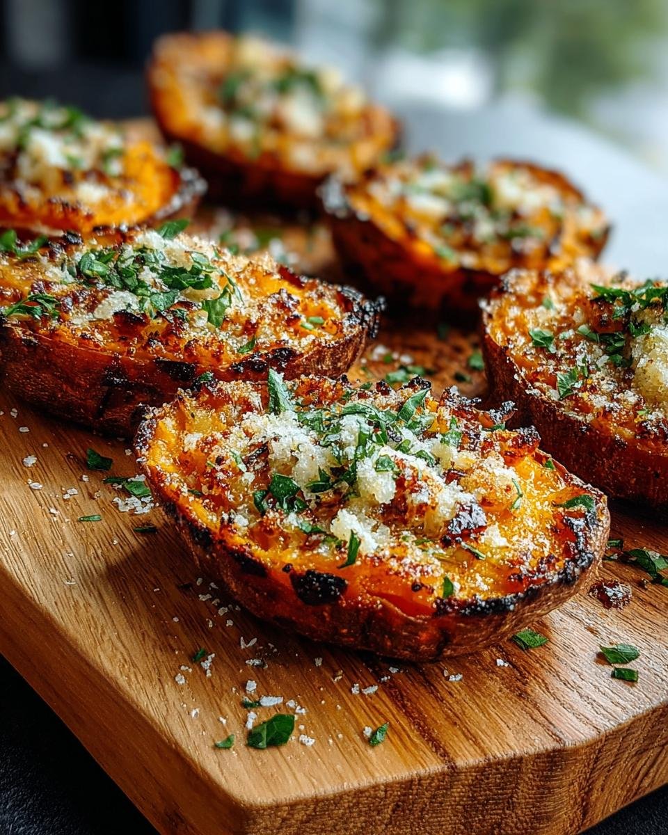 Gros plan de patates douces à l'ail et parmesan coupées en deux, garnies de persil frais.