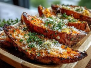 Patates douces à l'ail et parmesan: 4 secrets Gros plan de patates douces à l'ail et parmesan rôties, garnies d'herbes fraîches.