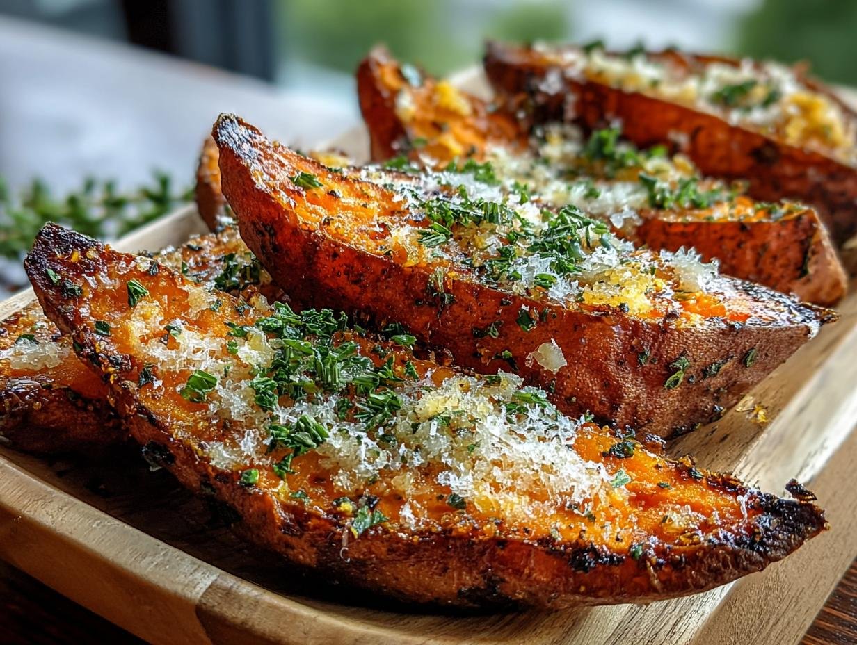 Gros plan de patates douces à l'ail et parmesan rôties, garnies d'herbes fraîches.