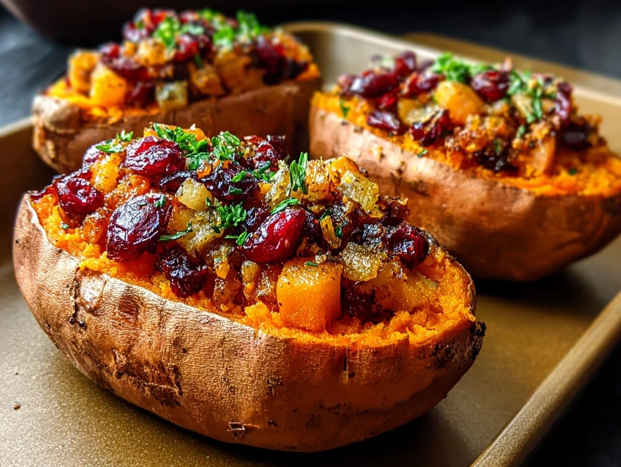 Patates douces farcies : 4 saveurs d'automne divines 1 Gros plan sur des patates douces farcies aux canneberges, garnies d'herbes fraîches.