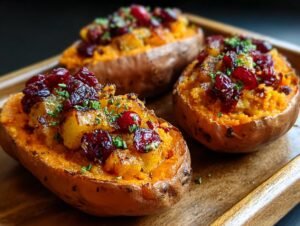 Gros plan de patates douces farcies aux canneberges, garnies d'herbes fraîches.