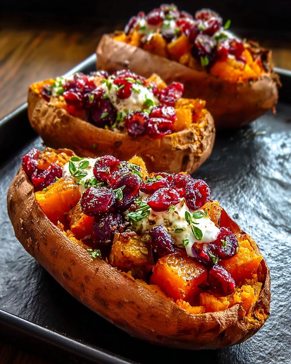 Patates douces farcies : 4 saveurs d'automne divines 3 Gros plan de patates douces farcies aux canneberges, garnies de crème et d'herbes fraîches.