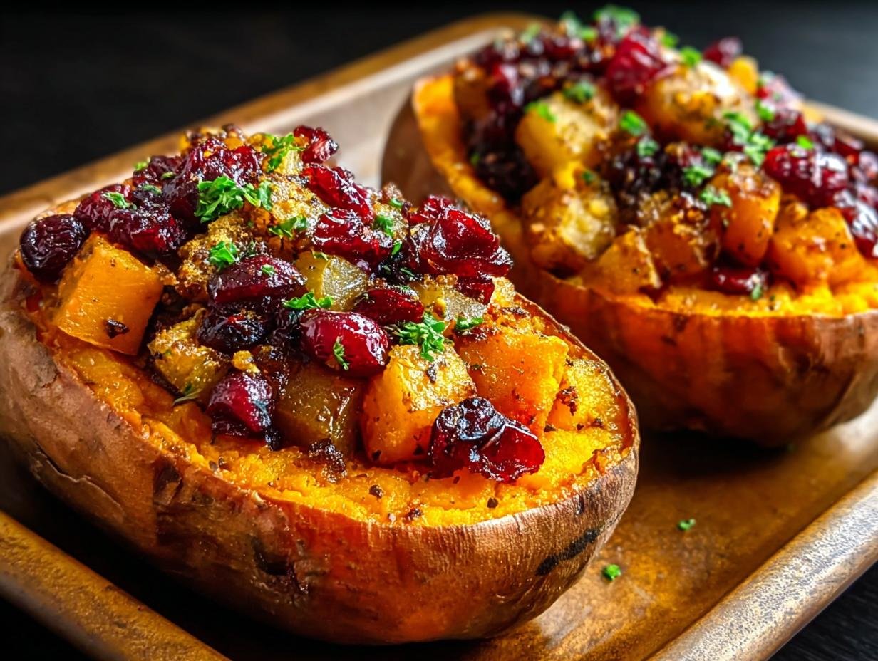 Patates douces farcies : 4 saveurs d'automne divines 4 Gros plan sur deux patates douces farcies aux canneberges, garnies de persil frais.