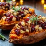 Gros plan de patates douces farcies aux canneberges, noix et romarin, garniture festive.