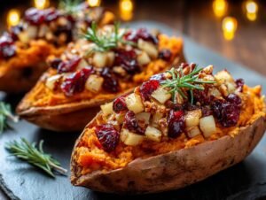 Patates douces farcies : 4 astuces festives Gros plan de patates douces farcies aux canneberges, noix et romarin, garniture festive.