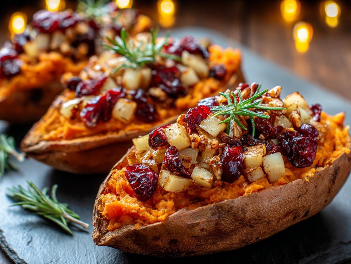Gros plan de patates douces farcies aux canneberges, noix et romarin, garniture festive.