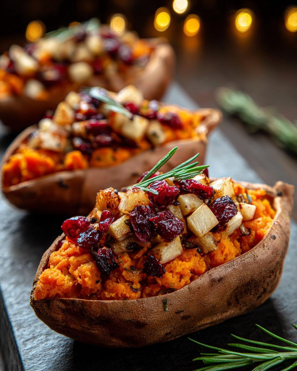 Gros plan sur des patates douces farcies aux canneberges et dés de pommes, garnies de romarin.