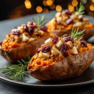 Gros plan sur des patates douces farcies aux canneberges, morceaux de pomme et romarin.