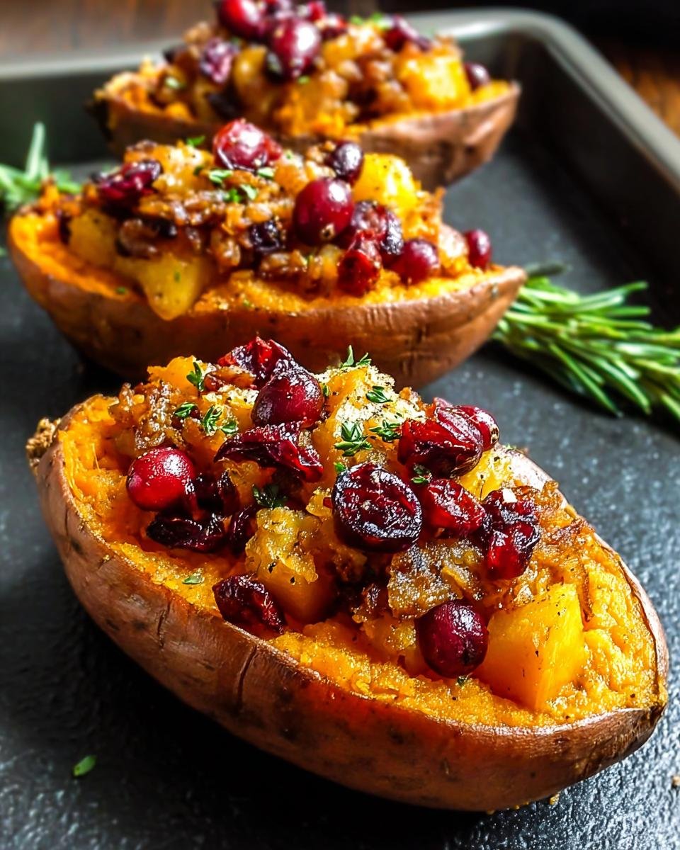 Patates douces farcies : 4 saveurs d'automne divines 2 Gros plan de patates douces farcies aux canneberges, garnies d'herbes fraîches.