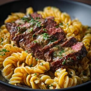 Gros plan sur des pâtes au steak crémeuses, avec des tranches de steak juteux sur des fusilli nappés de sauce crémeuse et parsemés de persil.