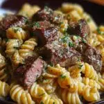 Gros plan sur des pâtes fusilli enrobées d'une sauce crémeuse, garnies de morceaux de steak juteux et de persil frais.