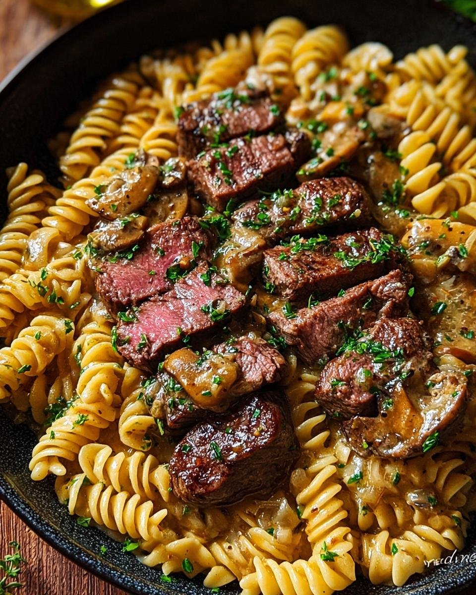 Gros plan de pâtes au steak crémeuses avec des morceaux de steak saignant et une sauce onctueuse.