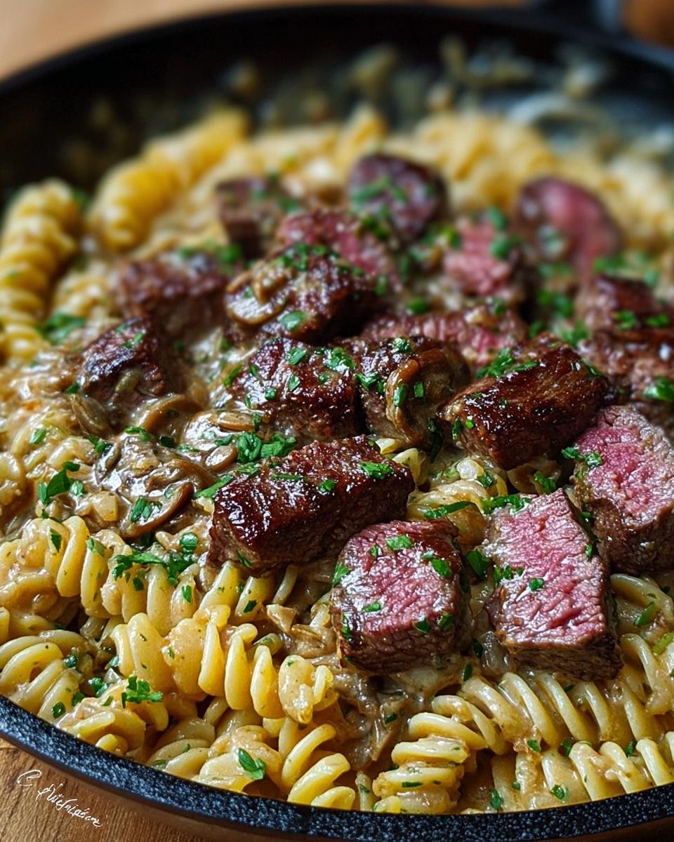 Gros plan sur des pâtes fusilli crémeuses garnies de morceaux de steak juteux et persil frais.