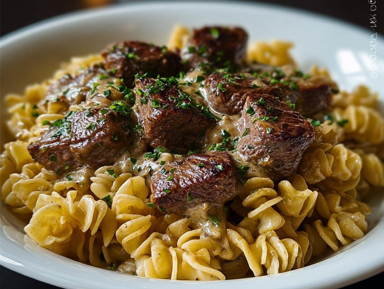Gros plan sur des pâtes fusilli garnies de morceaux de steak crémeux et d'herbes fraîches.