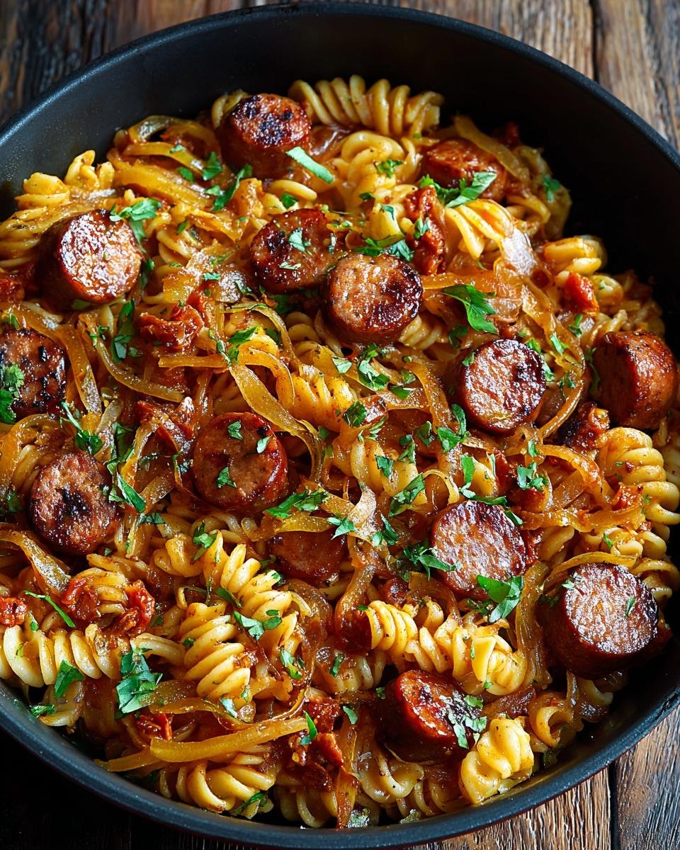 Gros plan de Pâtes à la Saucisse BBQ Épicée, garnies d'oignons caramélisés et de persil frais.