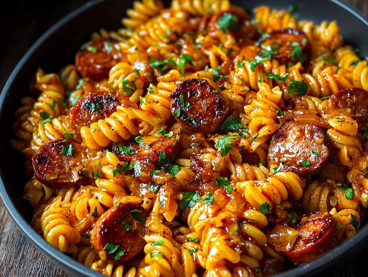 Gros plan de pâtes fusilli mélangées à une sauce BBQ épicée, des rondelles de saucisse grillée et garnies de persil frais.