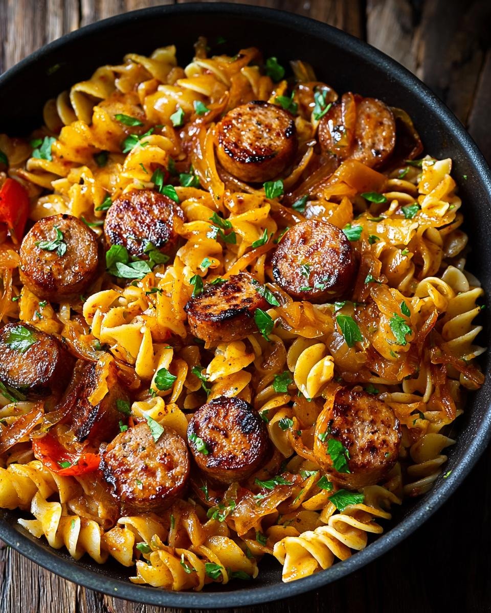 Gros plan de pâtes à la saucisse BBQ épicée, avec des rondelles de saucisse grillées et des oignons caramélisés.
