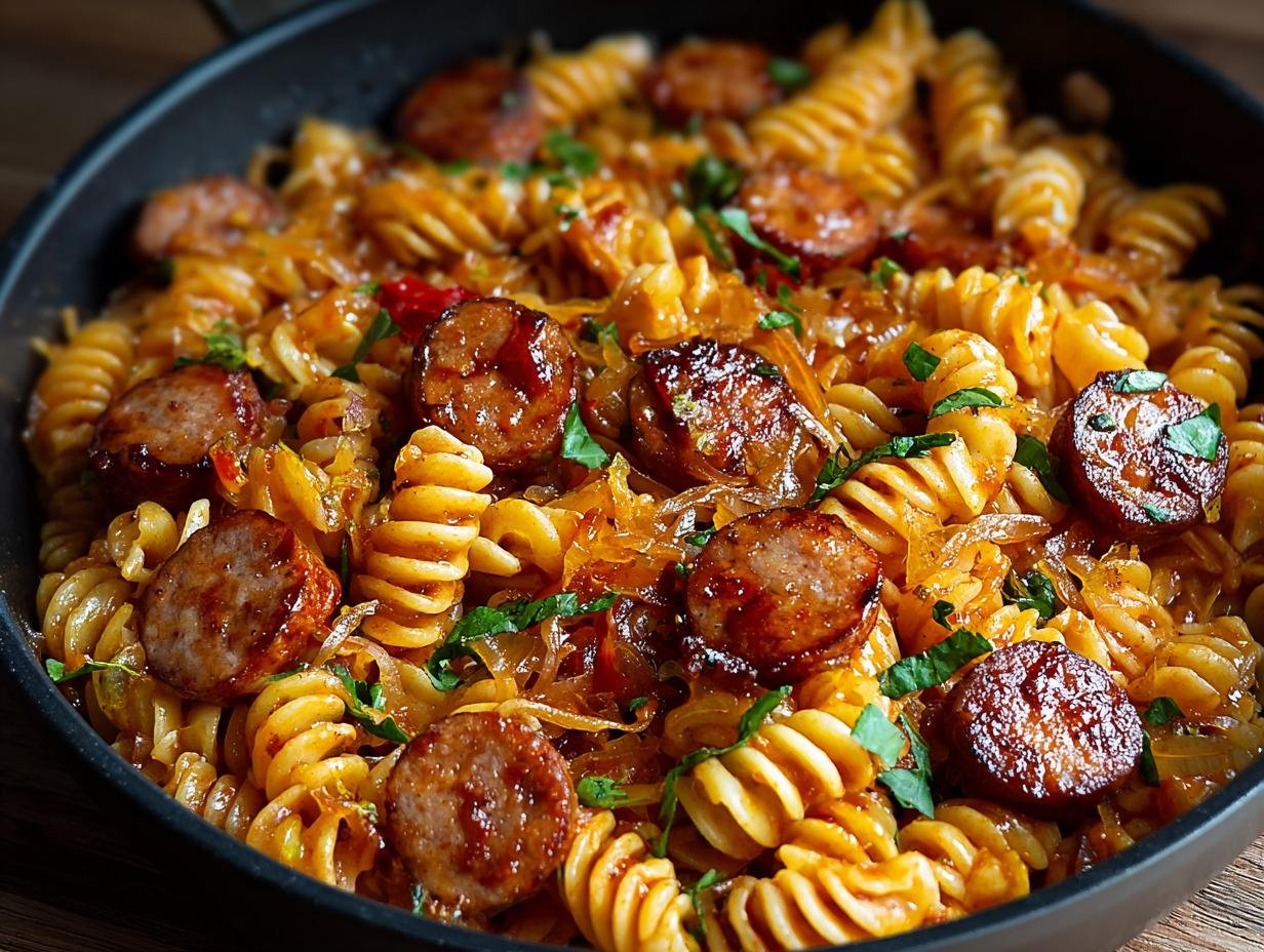 Gros plan de pâtes à la saucisse BBQ épicée avec des morceaux de saucisse grillée et des herbes fraîches.