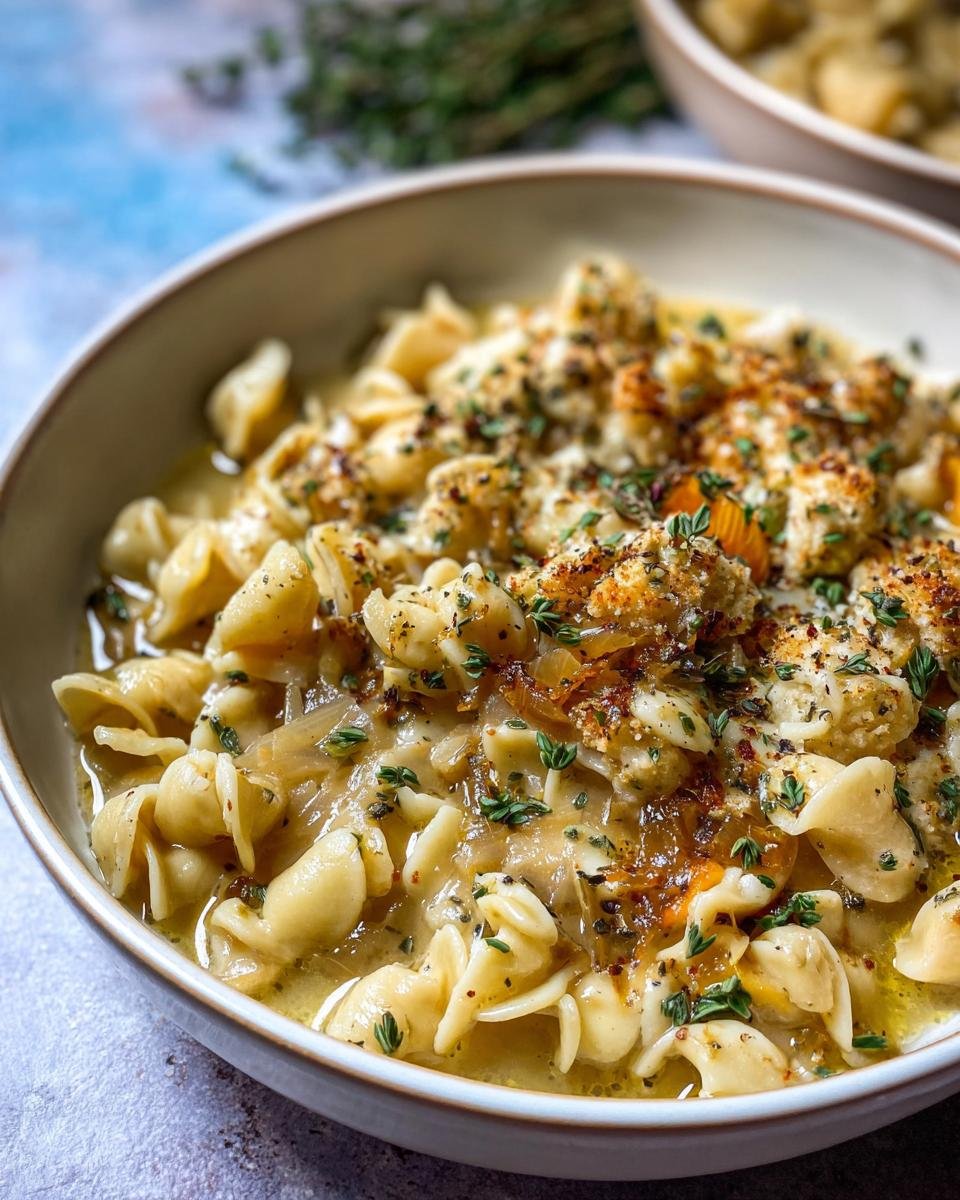 Soupe à l'Oignon Française Pâtes : 45 min 1 Gros plan d'une assiette de pâtes à la Soupe à l'Oignon Française, garnie de fromage et d'herbes.