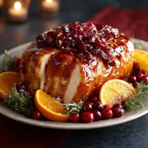 Poitrine de dinde glacée à la canneberge et à l'orange, garnie d'oranges et de canneberges fraîches.