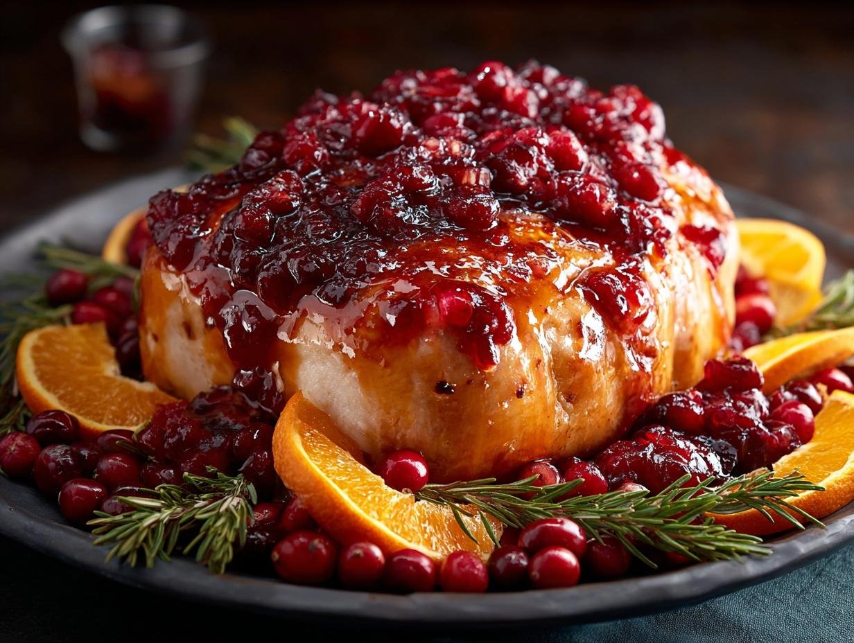 Poitrine de dinde glacée canneberge-orange, garnie de canneberges fraîches et d'orange.