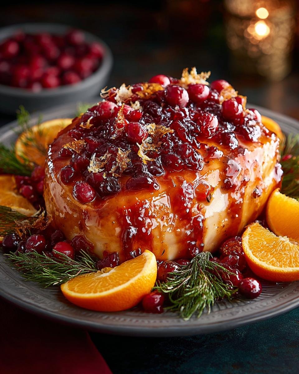 Gros plan d'une poitrine de dinde glacée canneberge-orange, garnie de canneberges et d'oranges.