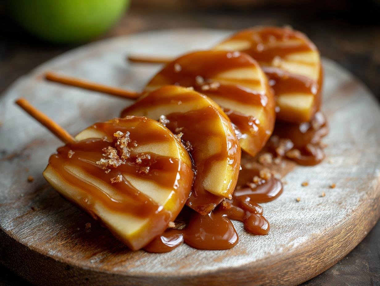 Gros plan de quartiers de pommes au caramel sur des bâtonnets, arrosés de sauce caramel et saupoudrés.